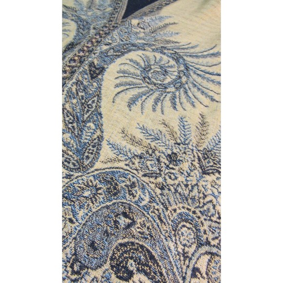 Vtg Boho Indigo Blue Paisley Shawl Wrap Gold Metallic Lame Textile - Picture 9 of 12